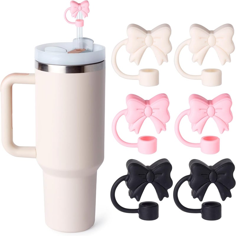 linmaya 6PCS Bow Straw Toppers, Cute Straws Covers for Stanley 30&40 Oz Tumbler with Handle, 10mm Dust-Proof Drinking Straw Dispensers Straw Topper Cap for Girls Kids (Black Bow) - Image 1
